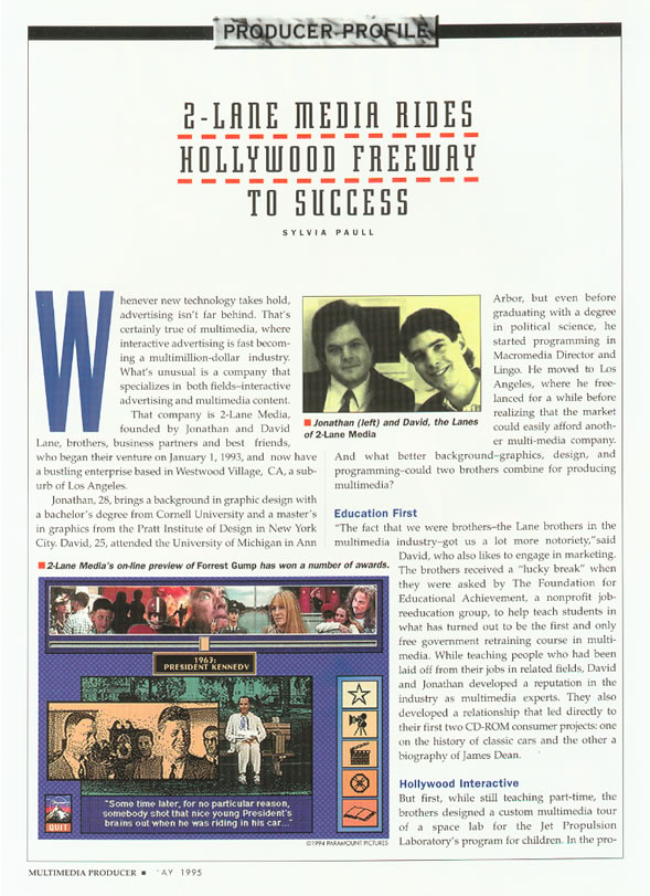 Multimedia Producer magazine features 2-Lane Media in May 1995, Page #1