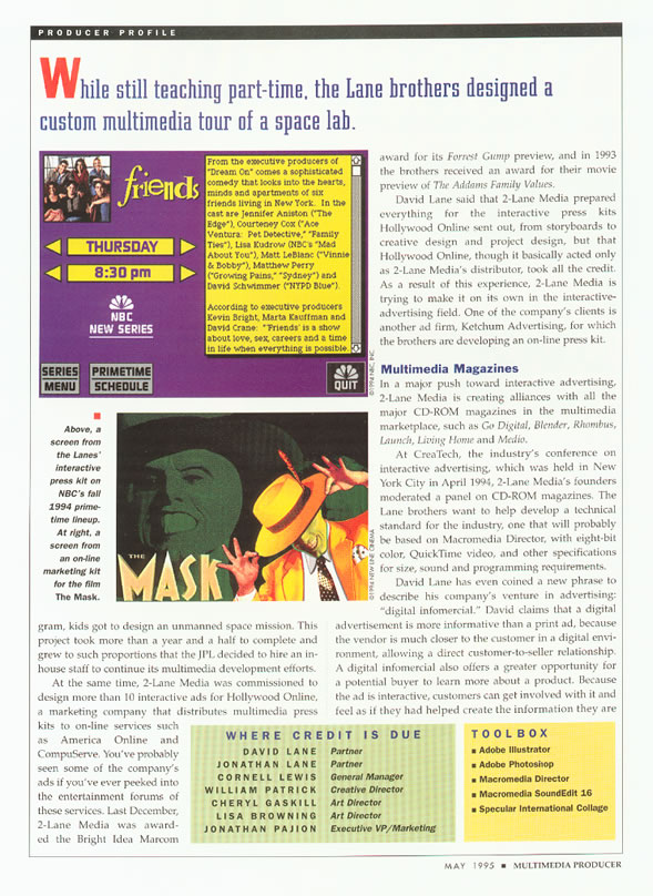 Multimedia Producer magazine features 2-Lane Media in May 1995, Page #1
